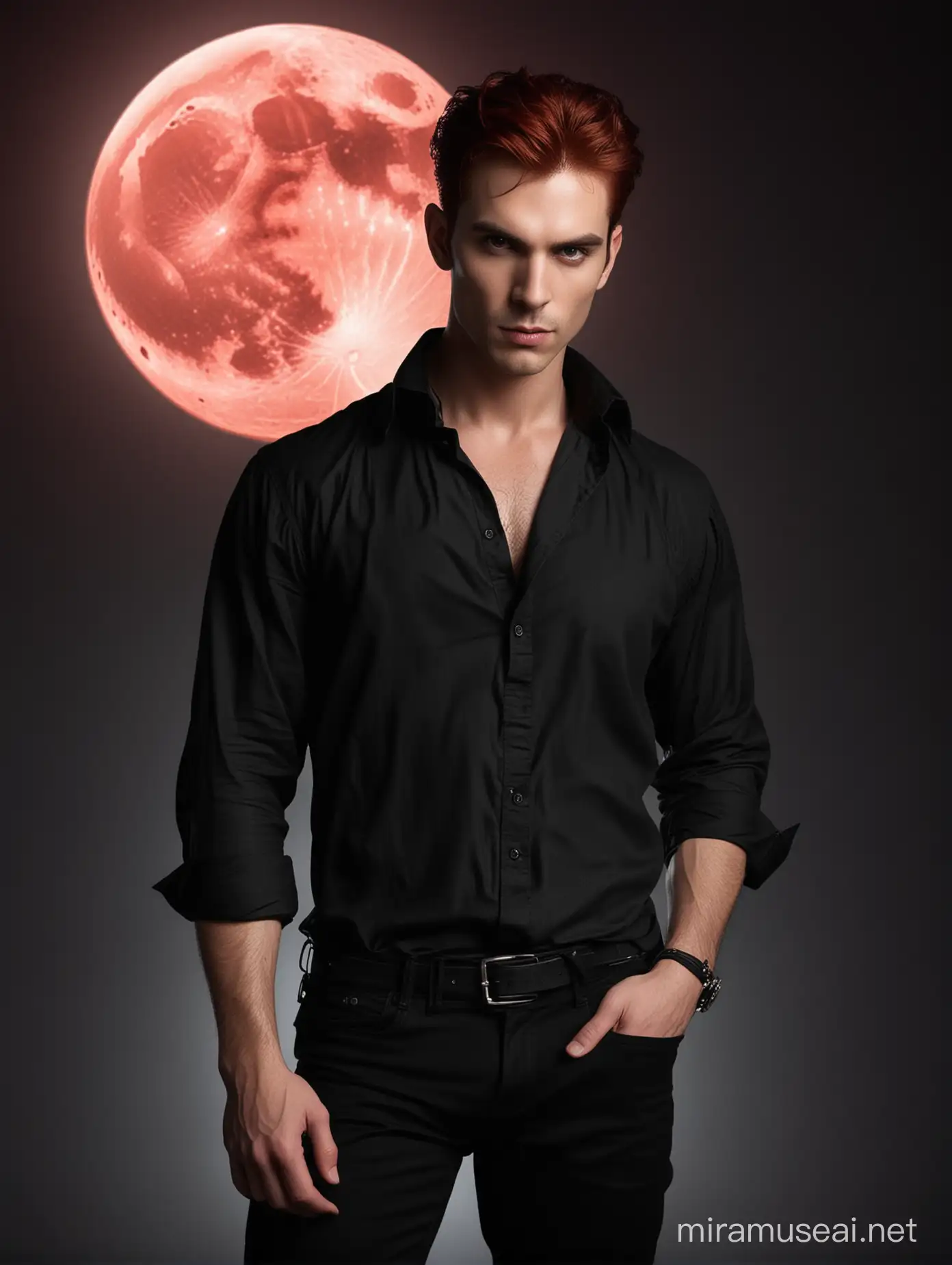 Intense Vampire Man with Dark Red Hair Against Red Full Moon