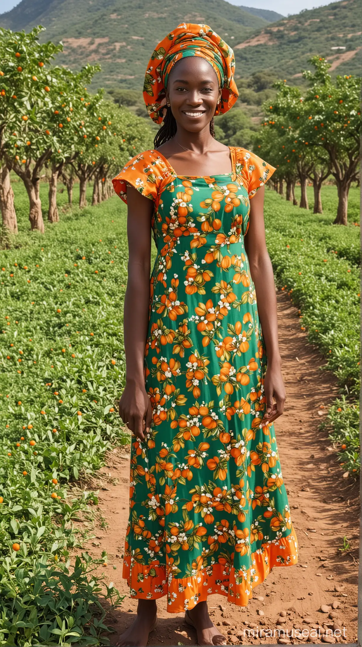 Female Shea Nut Farmer in Vibrant Green and Orange Traditional Dress