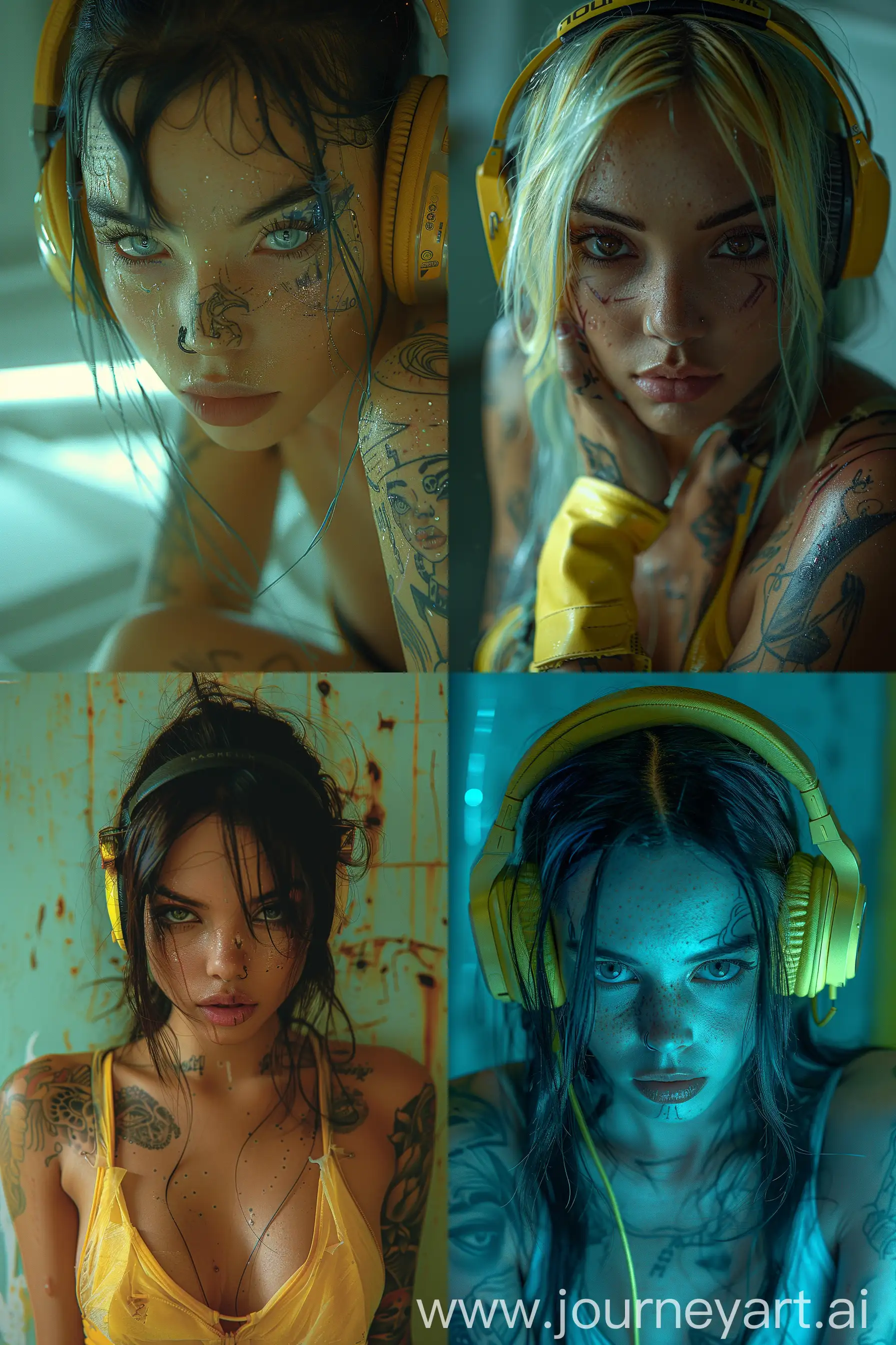 a lady with tattoos and headphones posing, in the style of cyberpunk, karol bak, intense gaze, light yellow and dark cyan, tattoo, masamune shirow, detailed facial features --ar 85:128 --stylize 800 --v 6.0