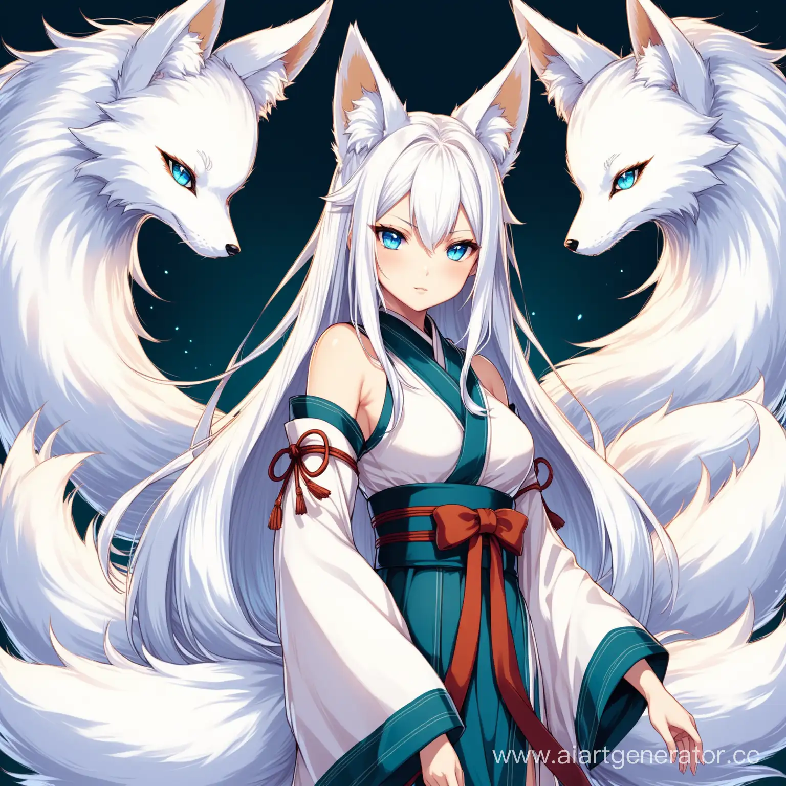 Девушка кицунэ с одиннадцатью хвостами, белыми волосами и лазурными глазами с большой грудью
