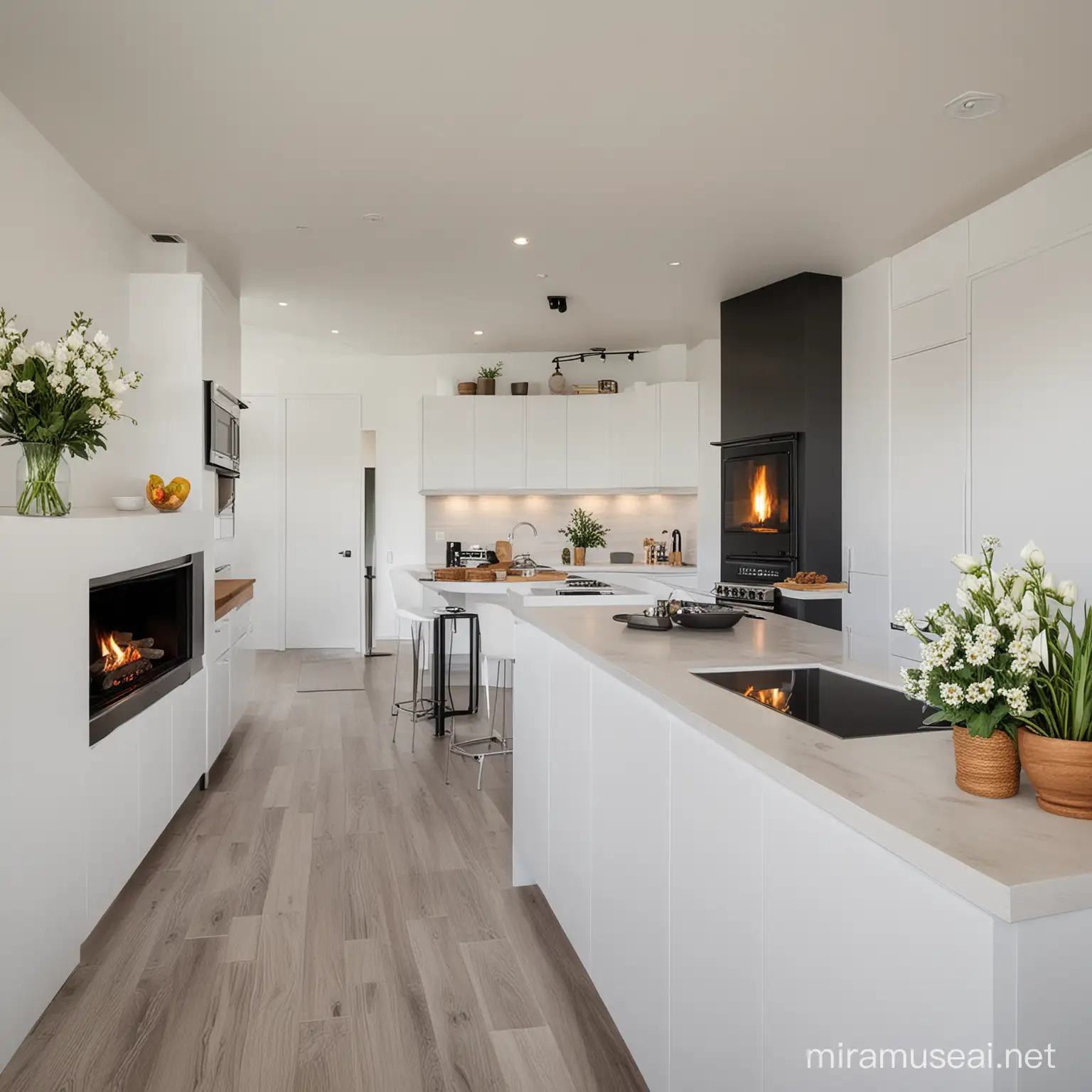 Modern Tiny Home with Elegant LoftStyle Kitchen and Cozy Fireplace Living Room