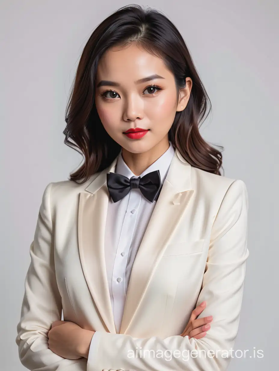 cute and sophisticated and confident malaysian woman with shoulder length hair and lipstick wearing an ivory tuxedo with a white shirt and a black bow tie, crossing her arms