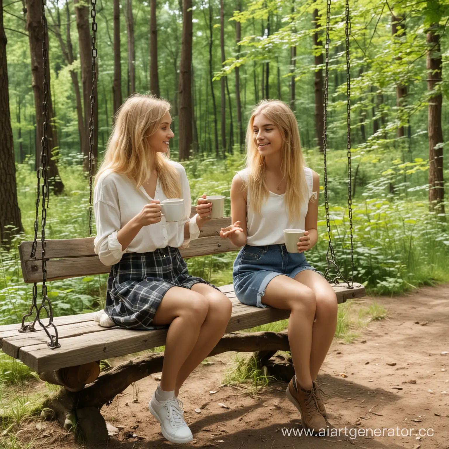 Two-Girls-Enjoying-Summer-Forest-Swing-with-Guy-Holding-Coffee-Mug