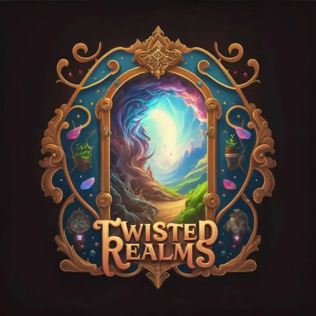 logo, portals doorway worlds mirage playful bold fantasy wonder childlike, with the text "Twisted Realms", typography, be used in Entertainment industry