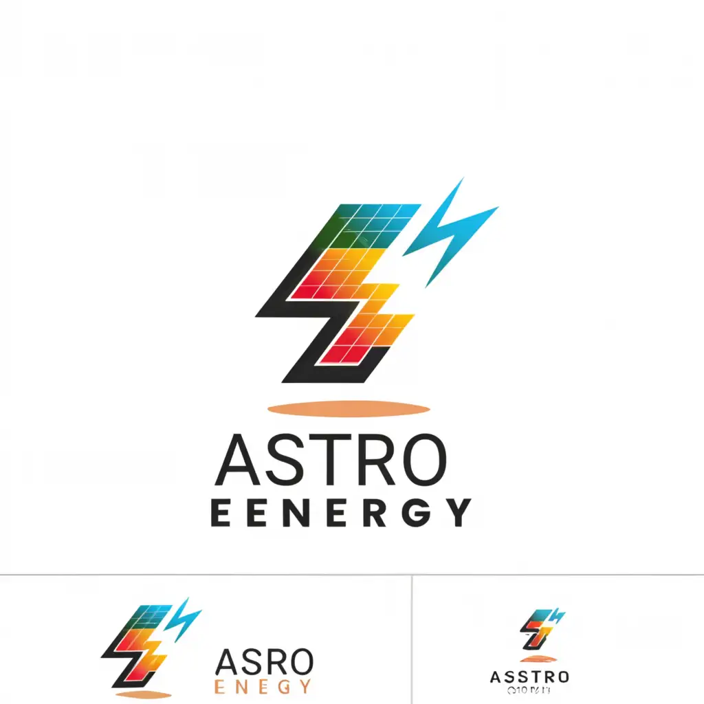 a logo design,with the text 'Astro Energy ', main symbol:Letter A with lightning bolt and Solar panel in background,complex,be used in Technology industry,clear background