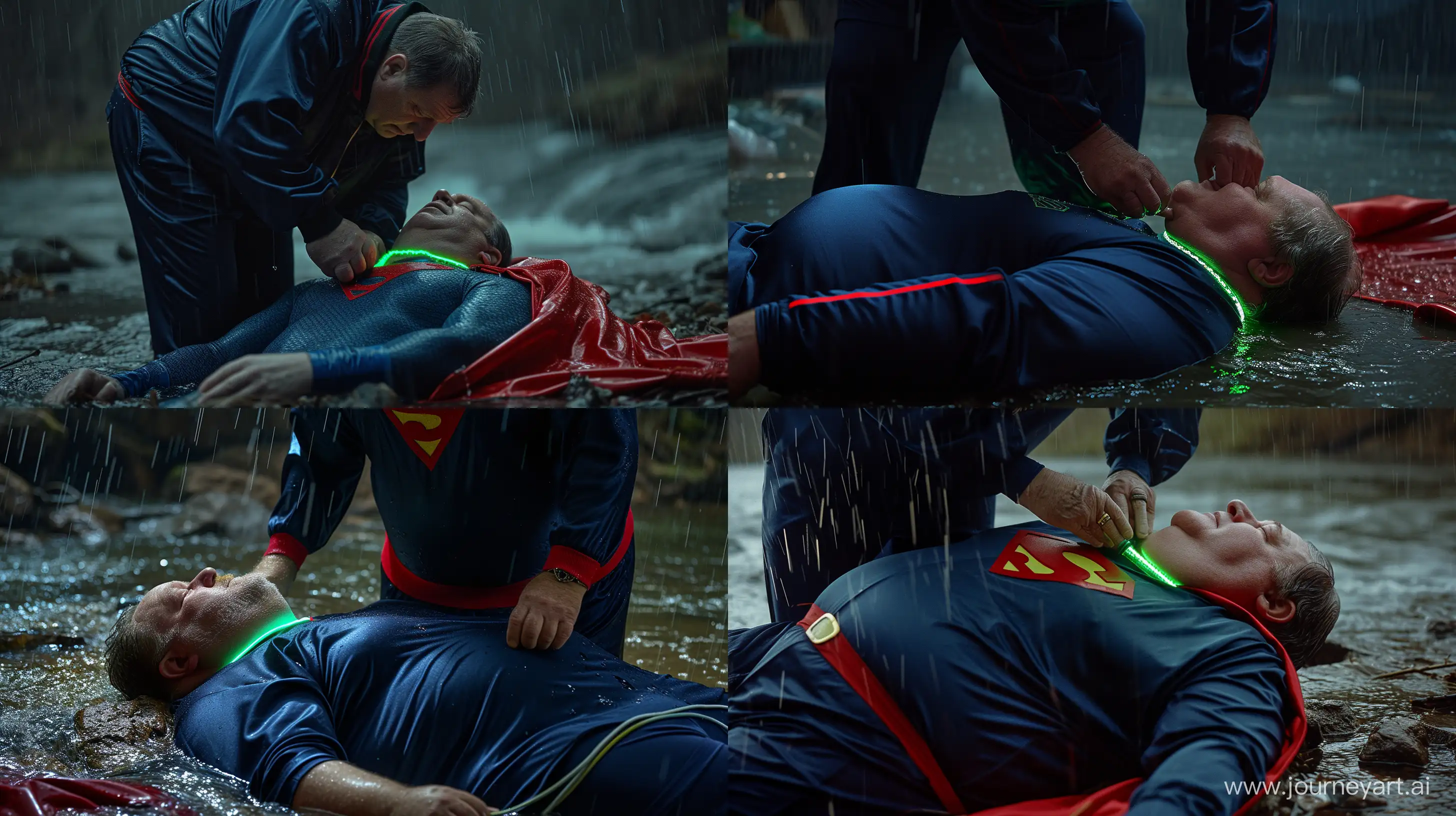 Close-up photo of a fat man aged 60 wearing a navy silk blue tracksuit with a red stripe on the pants. He is tightening a tight green glowing neon dog collar on the neck of a fat man aged 60 wearing a tight blue 1978 smooth superman costume with a red cape lying in the rain. Natural Light. River. --style raw --ar 16:9
