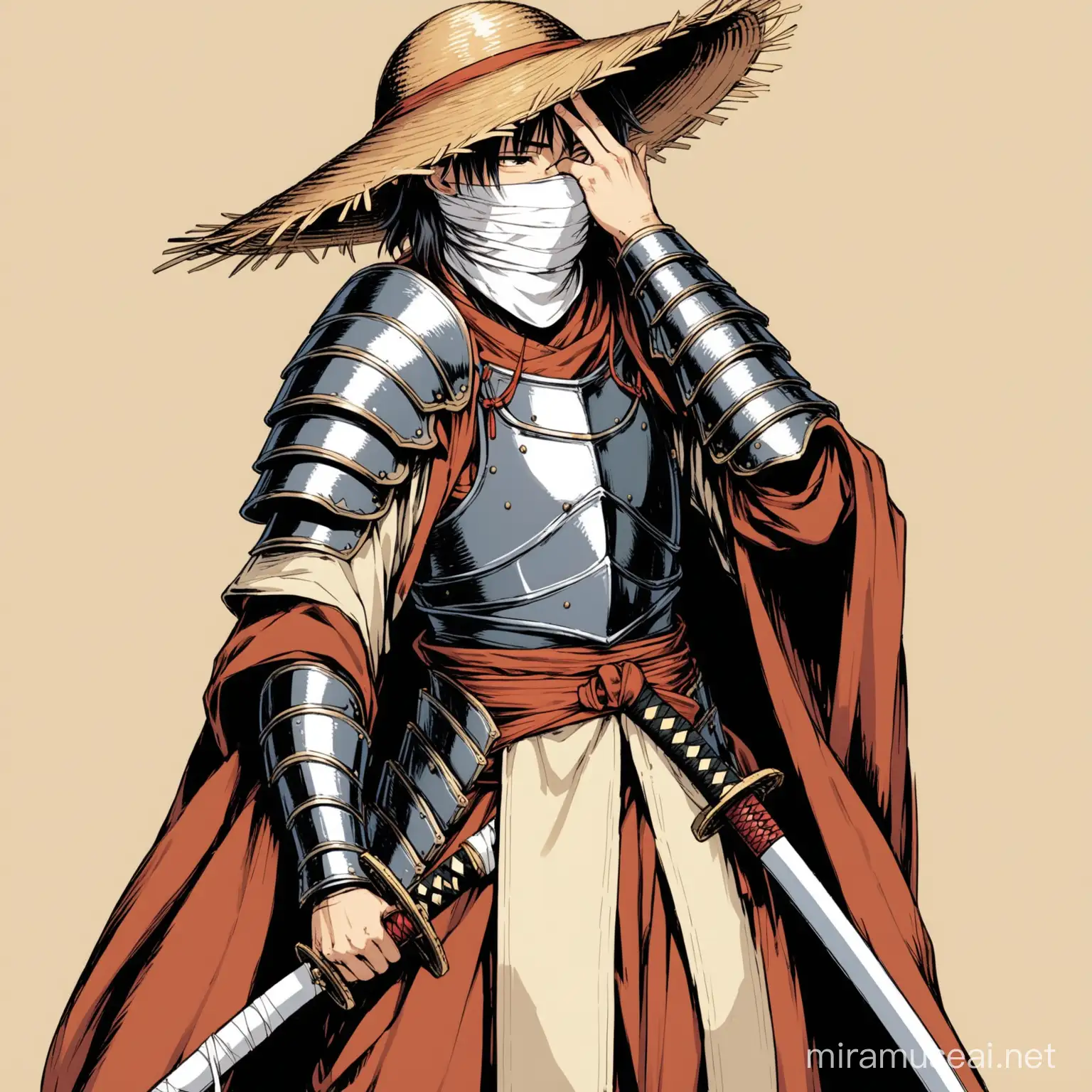 Mysterious Youth in Eastern Garb with Katana Swords and Armor Plates