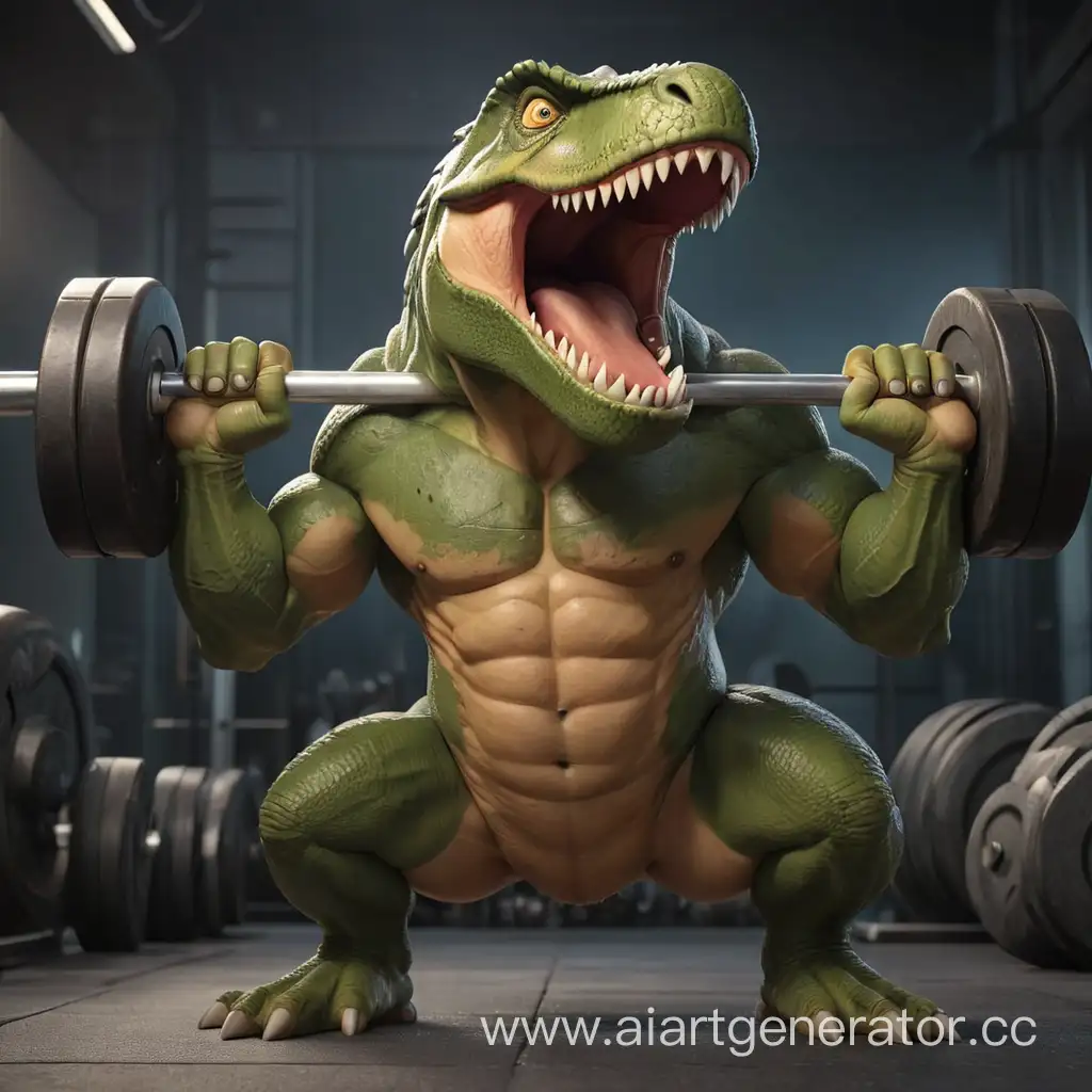 Muscular Tyrannosaurus Rex athlete, abs cubes, holds a heavy barbell