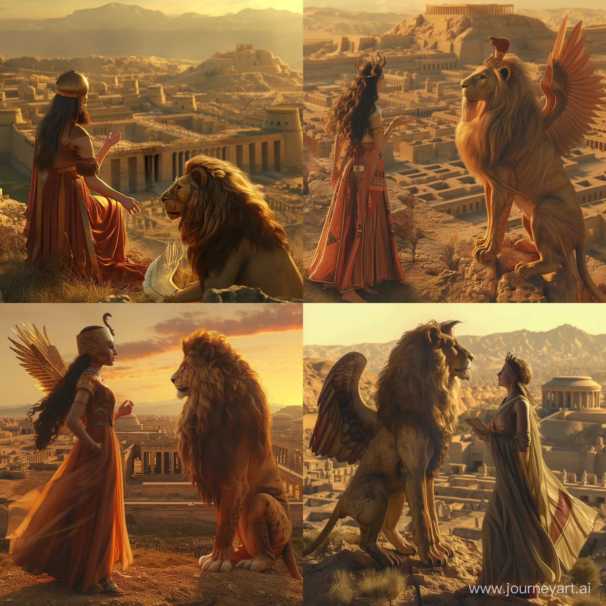 A beautiful princess of Persia talk with An animal with a head like an Achaemenid human face and a beard king and a lion's body and two wings is looking at Persepolis from the top of a hill in Persepolis. in an ancient civilization, cinematic, epic realism,8K, highly detailed, bird's eye view, golden hour lighting, make a realistic photo.