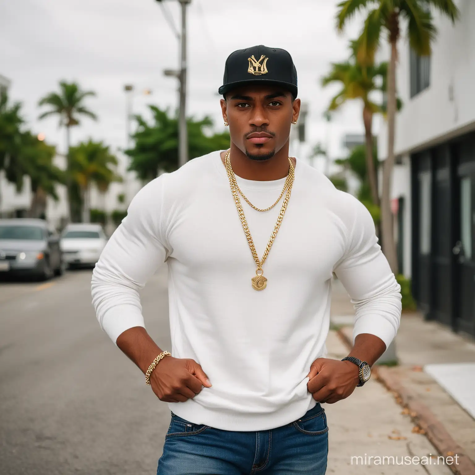 Muscular BrownSkinned Man in Miami Streetwear