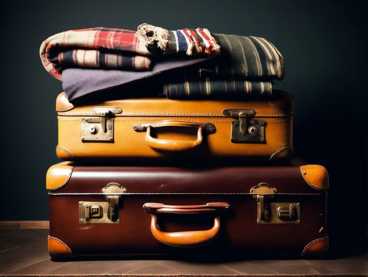 a stack of 4 antique suitcases with the top one open filled with blankets with a muted darkish background
