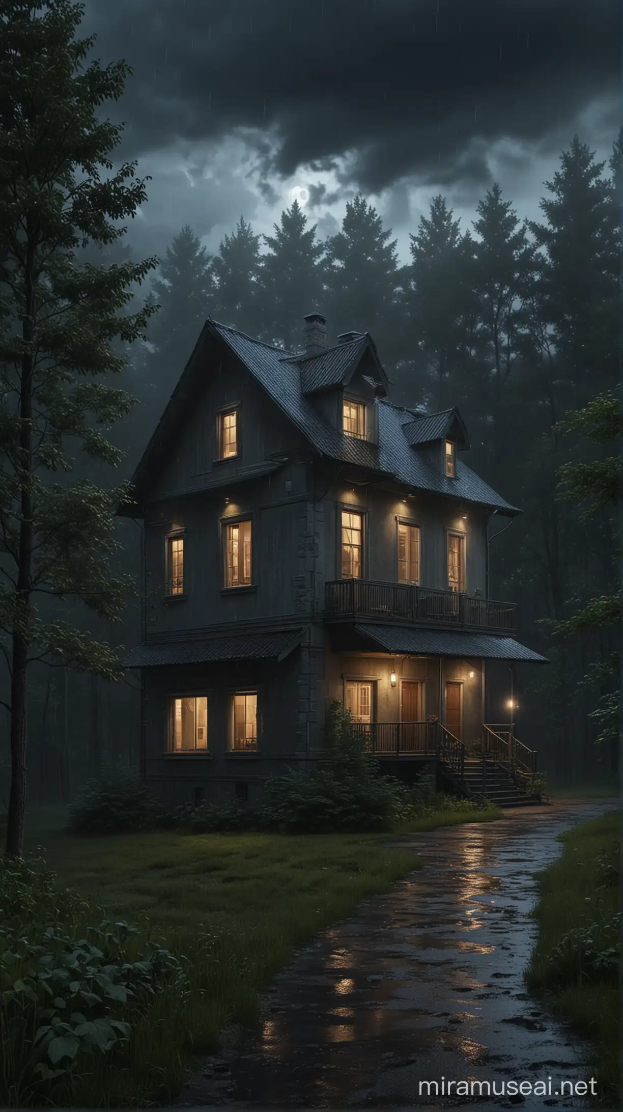 Eerie Forest House under Rainy Night Sky