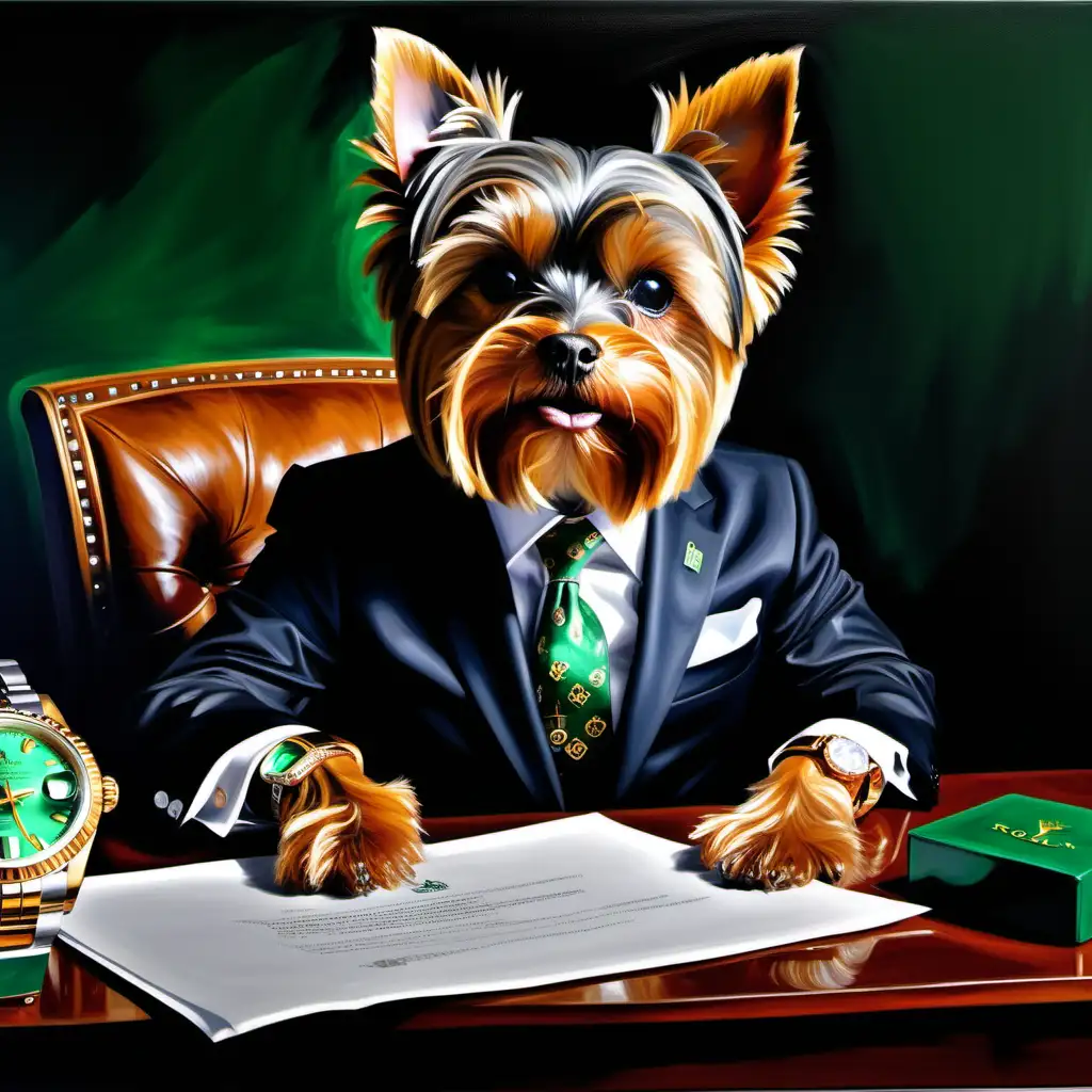 billionaire style oil painting of a yorkshire terrier wearing  rolex watch and signing a new contract