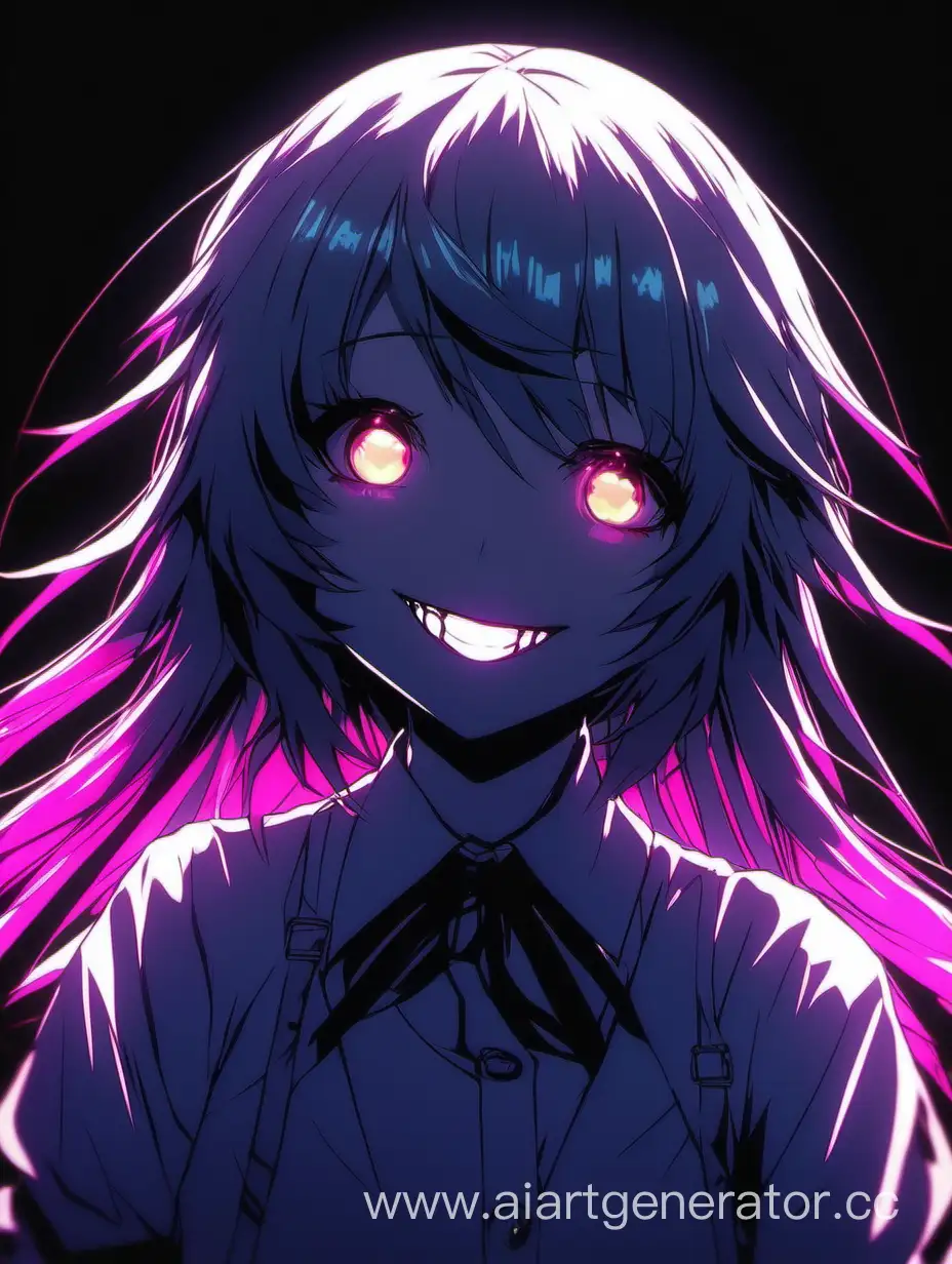 аниме девочка злобно улыбается В темноте с неоновым темным фоном