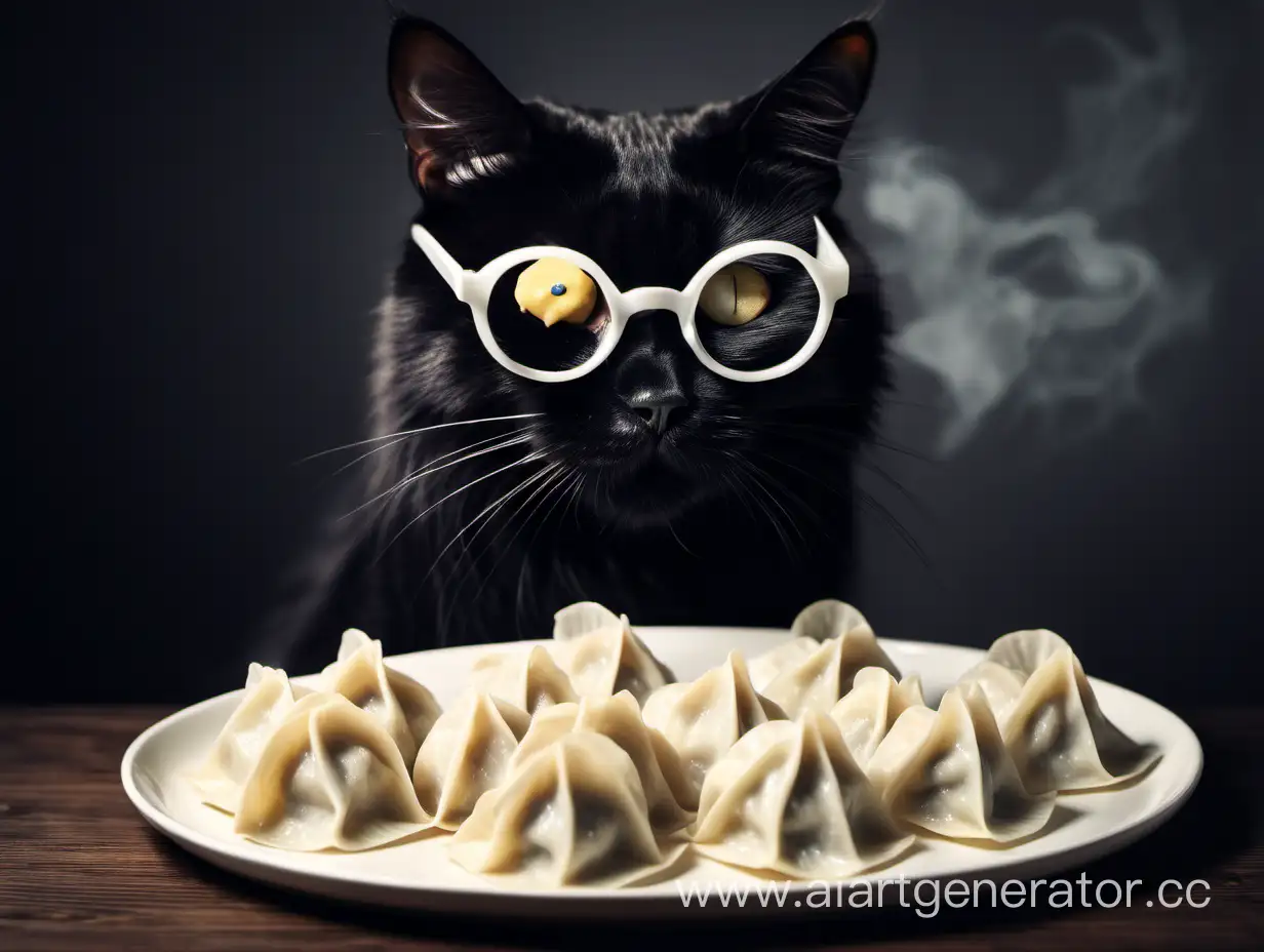 Черный кот в очках, ест пельмени