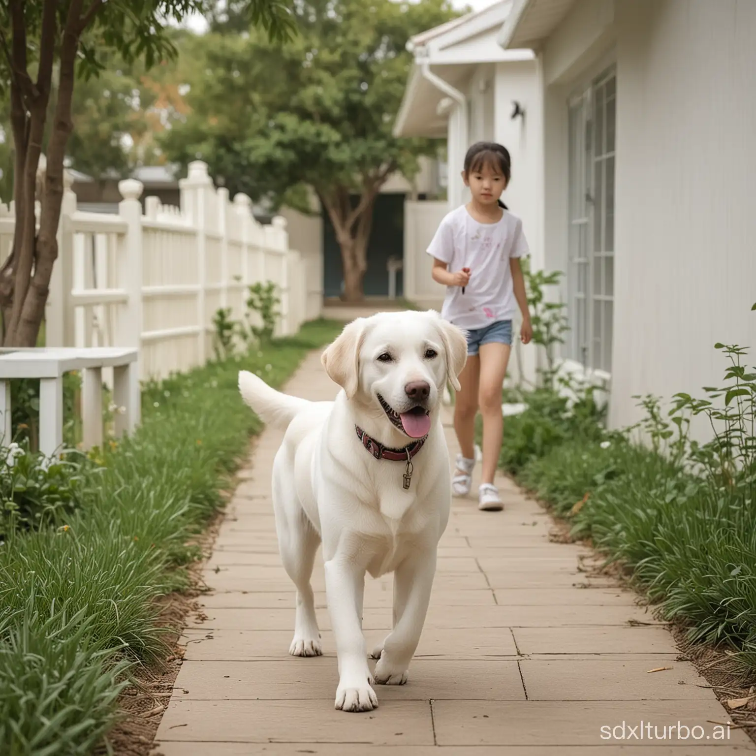 在院子里散步的中国小女孩，带着一只白色拉布拉多犬