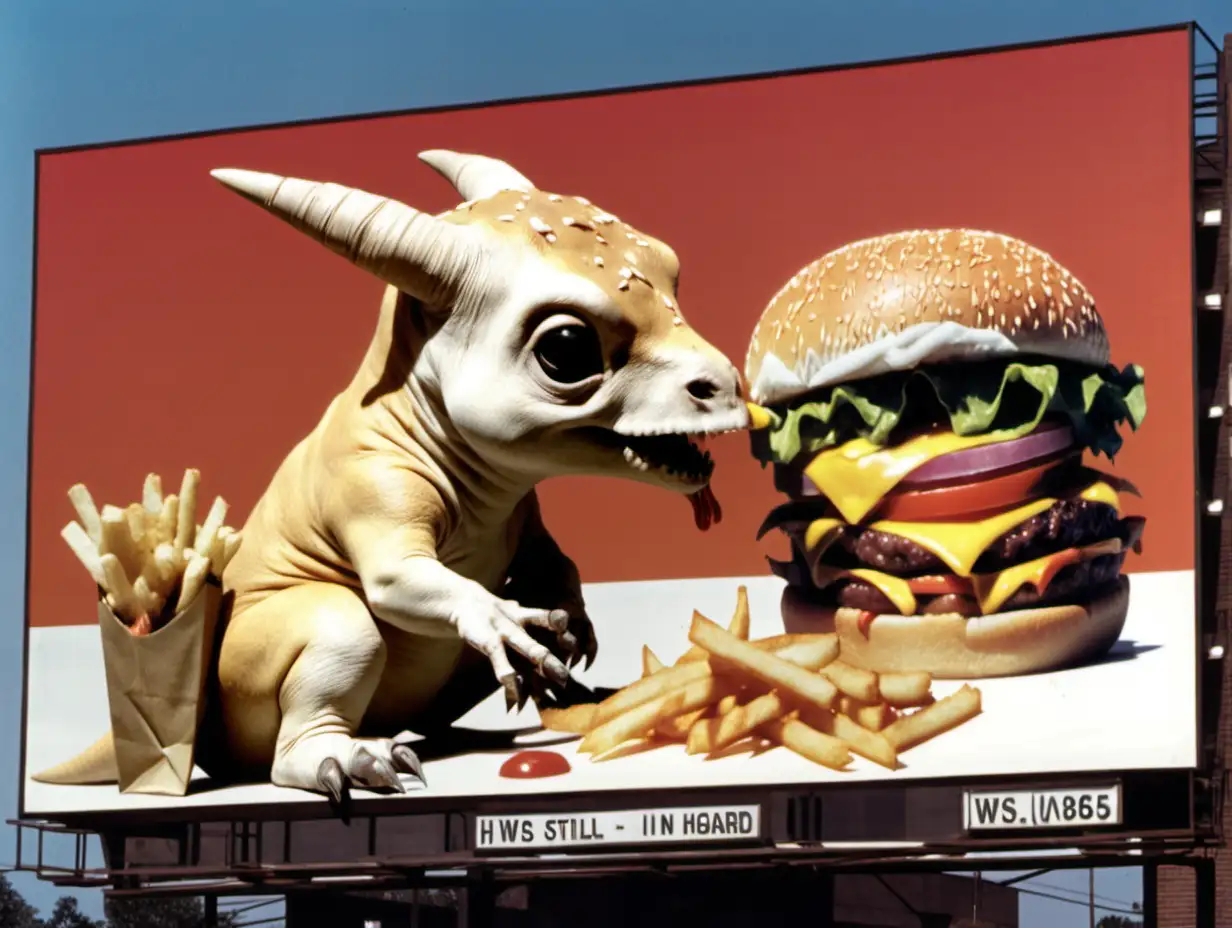 1985, vhs still, cubone in real life, he is on a billboard, he is eating a burger