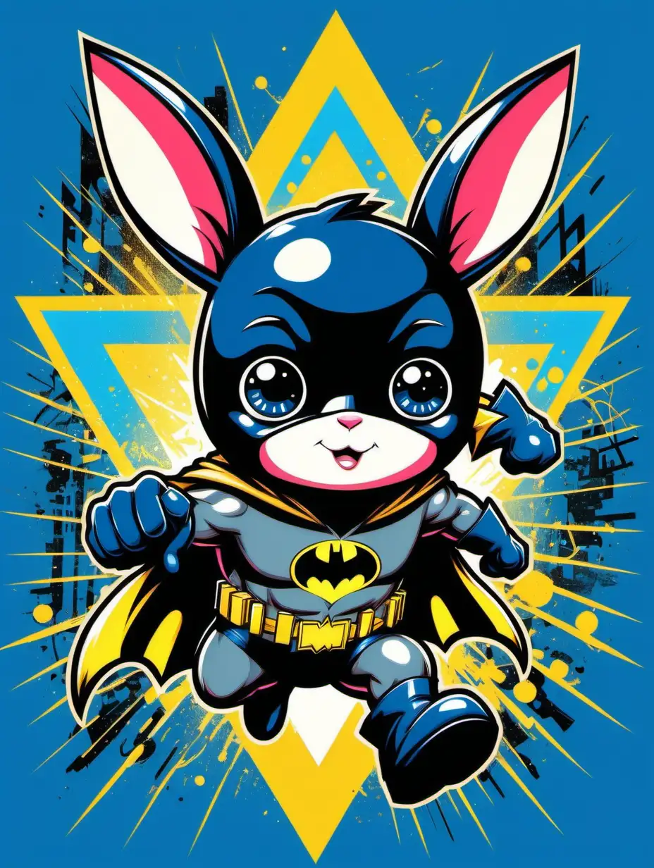 2d poster style, old style poster drawing, hight contrast, flat pop art style drawing of a triangle-shaped composition featuring a little naugty cute bunny daredevil, dressed like batman, glowing, flying like batman. Anime, chibi style. Big head, small body, big eyes. Cute face. The background is filled with graffiti elements, incorporating vibrant electric blue, yellow  and a very little of other colors, various shapes, and dynamic lights. The overall image should be lively, colorful, and reflective of contemporary youth culture, embodying the energetic spirit of pop art. Drawing must be in 2d flat style, popart. 