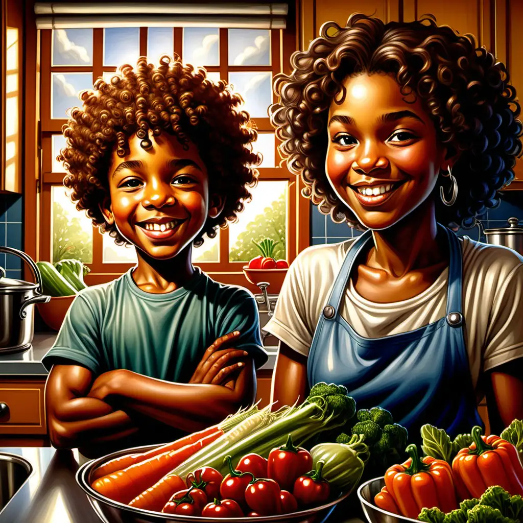 Joyful Cartoon Scene Smiling African American Boy in Kitchen with Mother and Vegetables