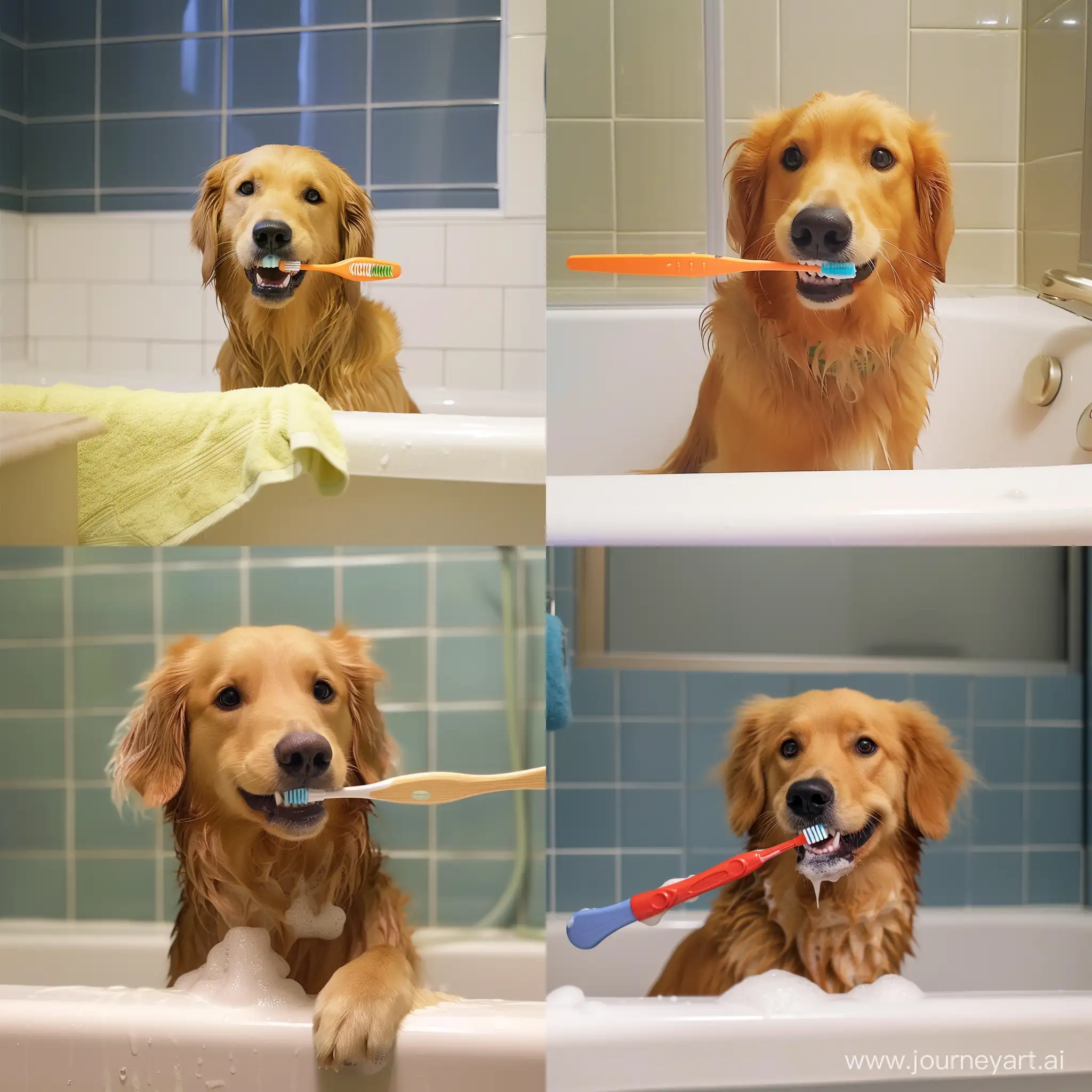 собака чистит зубы в ванне