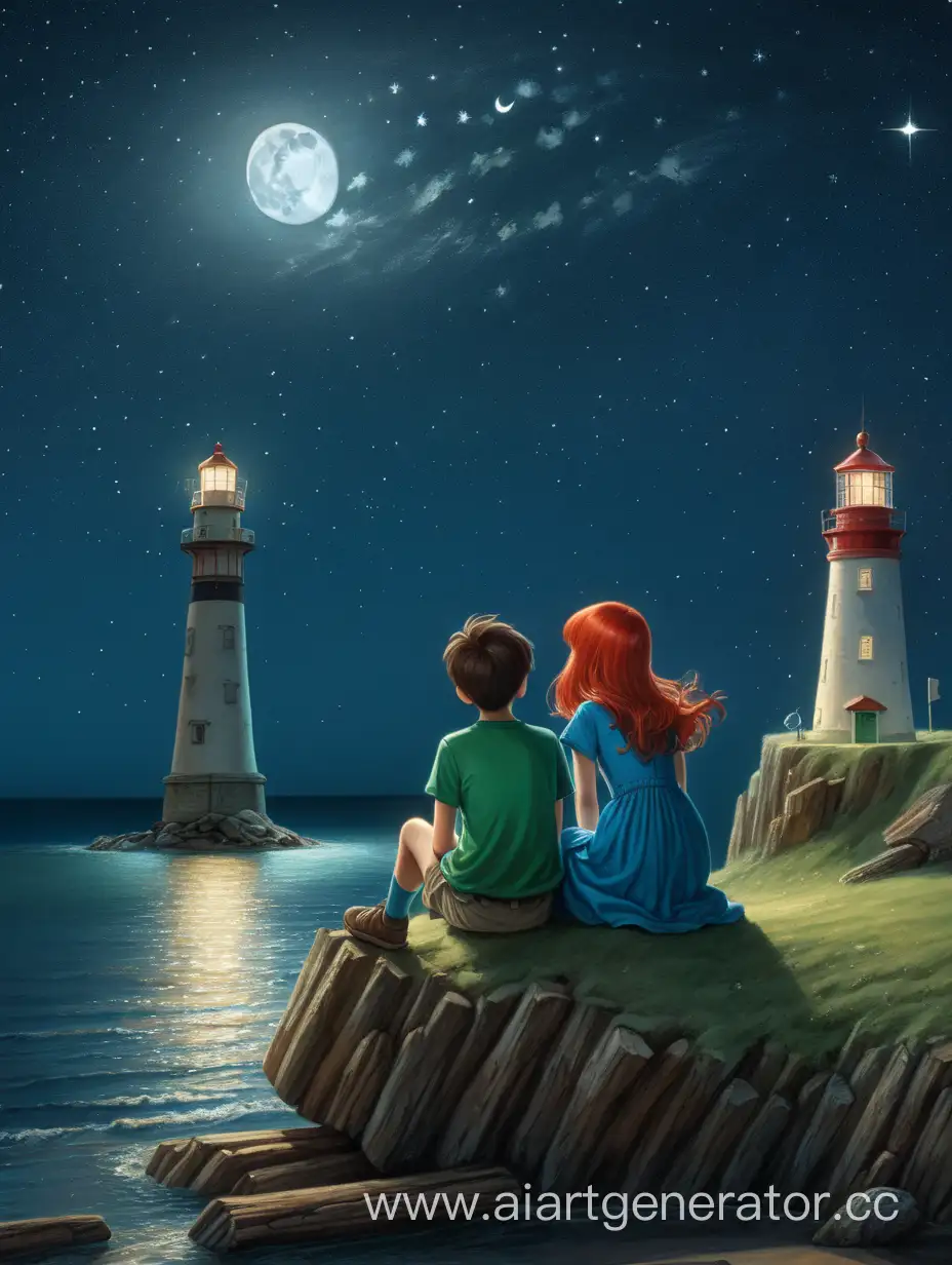 темноволосый  мальчик  в зеленой футболке и 
 одна рыжая девочка в голубом платье, которые смотрят на луну под  звездным небом сидят на бревне и маяк рядом с ними
