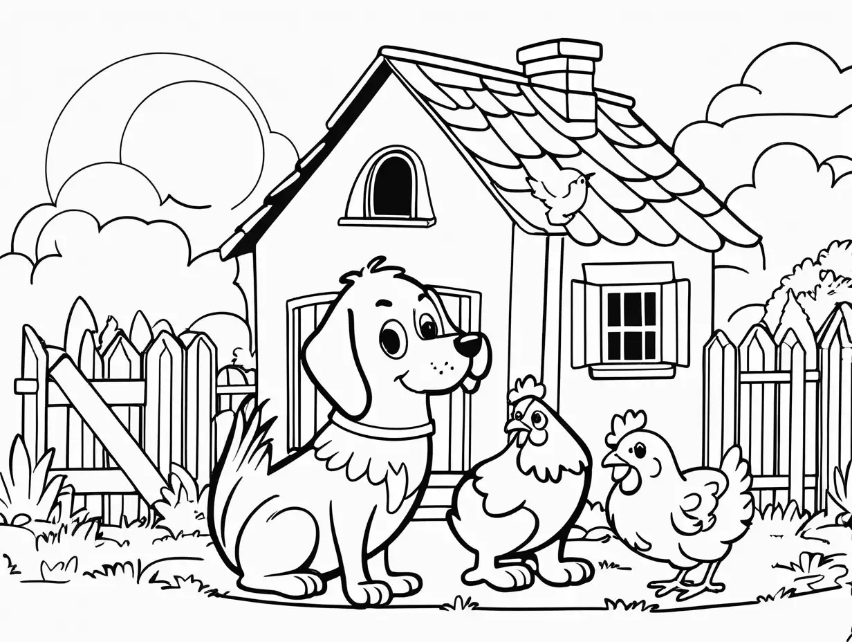 Simple Cartoon Illustration Dog House Chicken and Sky for Toddlers