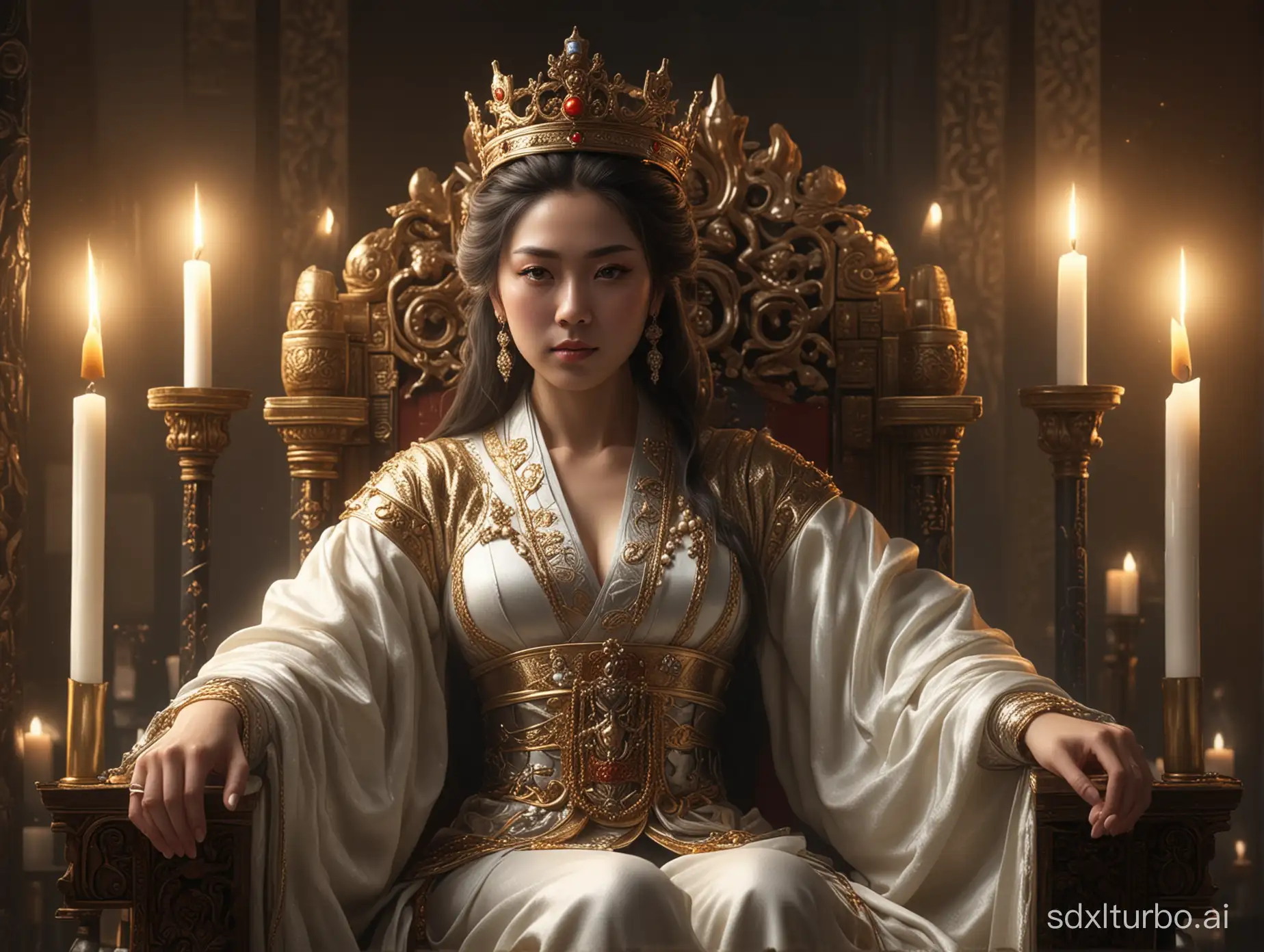 foto seorang wanita duduk di singgasana dengan lilin dan mahkota, permaisuri yang cantik, foto dewi yang sangat detail, dewi jepang, potret dewi yang menakjubkan, detail sangat tinggi,8K, hyper-realistic