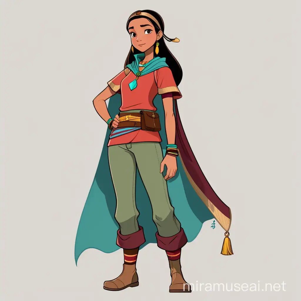 raya from disney, from raya and the last dragon, full body, minimalist, vector art, colored illustration with a black outline. Raya is an 18-year-old Southeast Asian girl of average height with a slender, slightly muscular build, tan skin, long black hair, and dark brown eyes. She usually wears a Chinese hat, a yellow shirt, a brown vest, a brown belt, olive green jeans with light green stripes, dark brown boots with maroon cuffs, a red cape with a thin turquoise stripe, and a yellow necklace around her neck, and a salakot on her head. She also wears a blue band above her elbow and a thick brown wristband on her right arm.