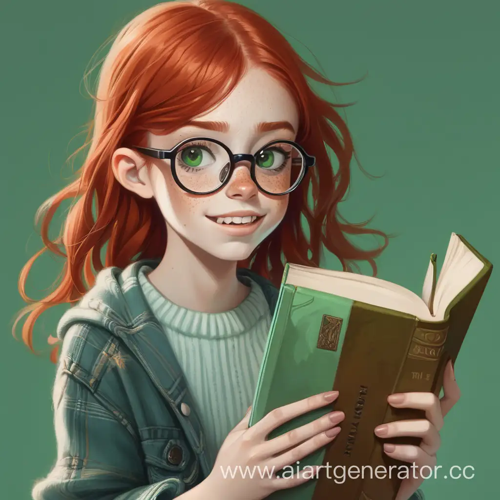 Рыжая девочка с веснушками в очках с кривыми зубами с книжкой в руках грустная зеленые глаза