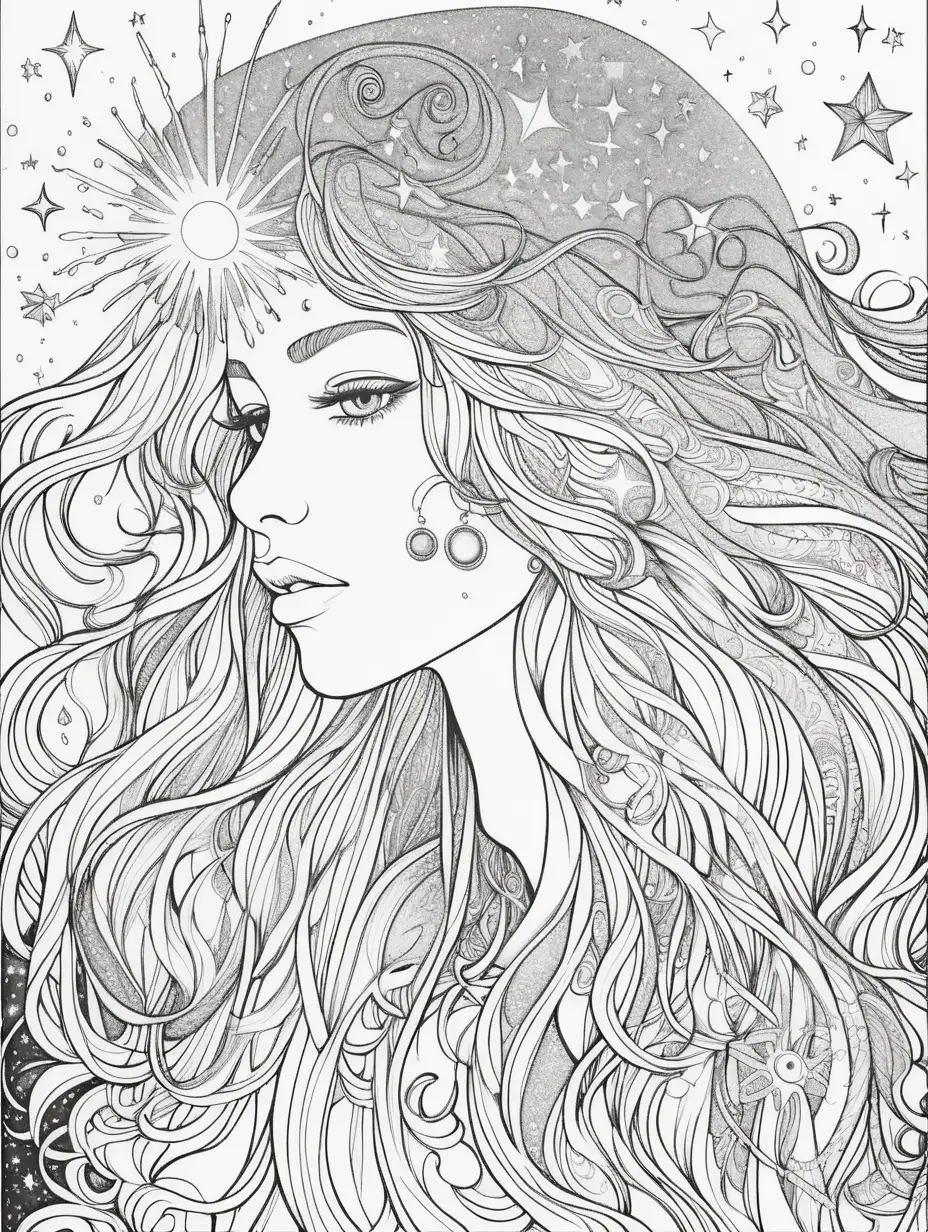 Cosmic quantum dreams adult coloring book pages mantel  flowing hair and stardust 