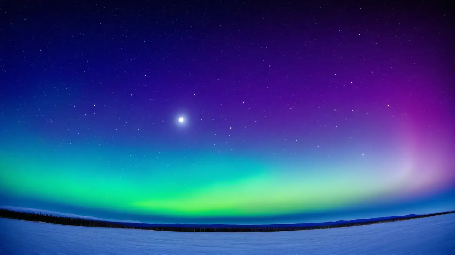 aurora skies, flat horizon, with a medium sized full moon at the top, with a lot of stars in the sky, colorful aqua blues, purples, greens, yellows with a flat horizon, no ground, no mountains, no snow, no trees, no trees, no mountains, no earth, only sky
