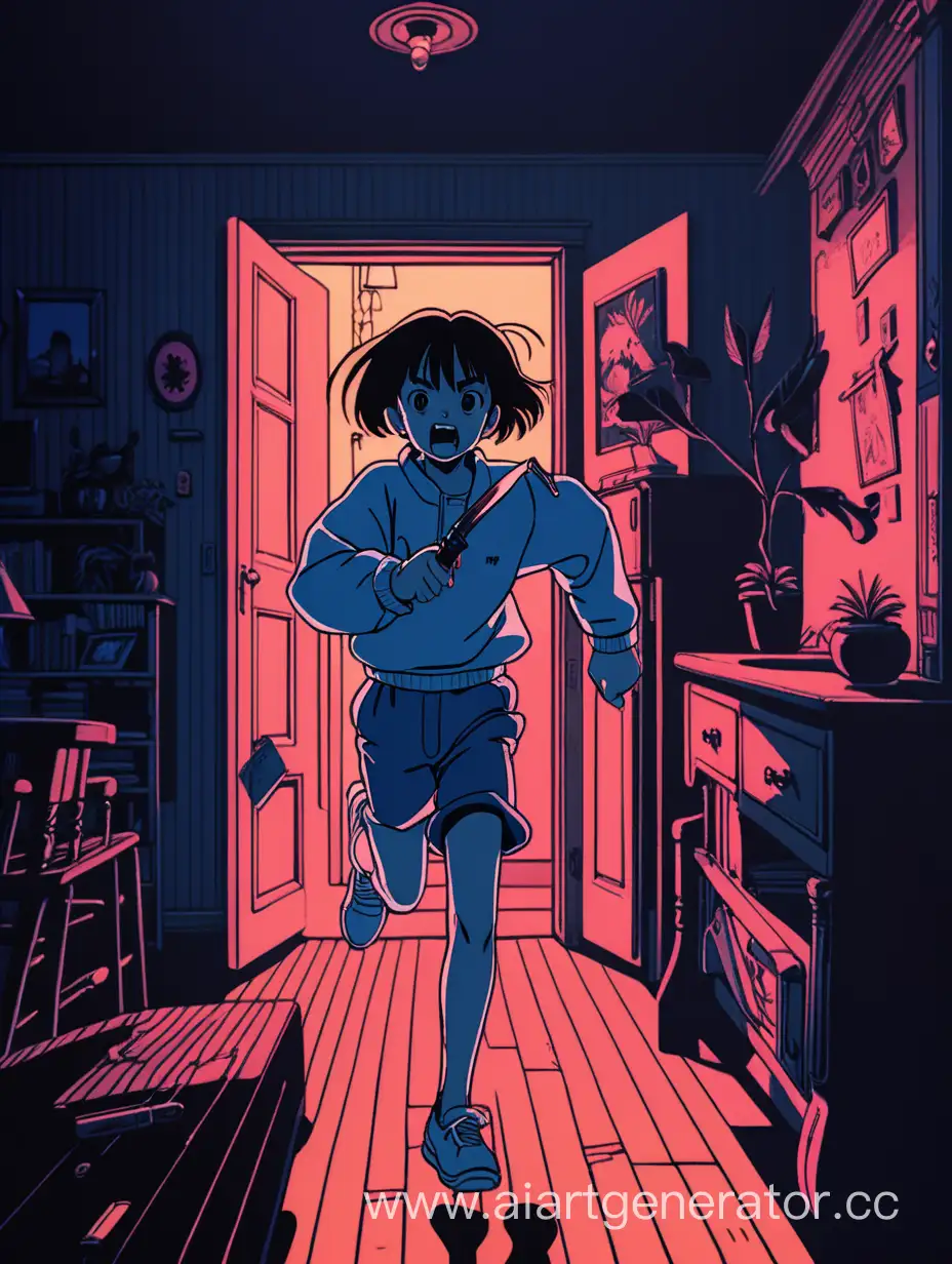 маньяк с ножом бежит по дому ночью в темноте в стиле аниме 90-х а от него убегает милая девочка
