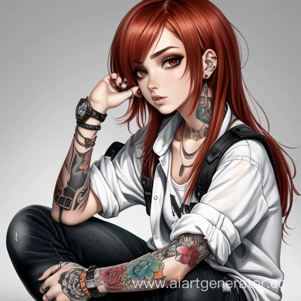Anime style, A girl with red hair, brown eyes, hands full of tattoos, a shirt with rolled-up sleeves, black jeans and military boots, a bunch of rings and bracelets, pretentious and bright makeup
