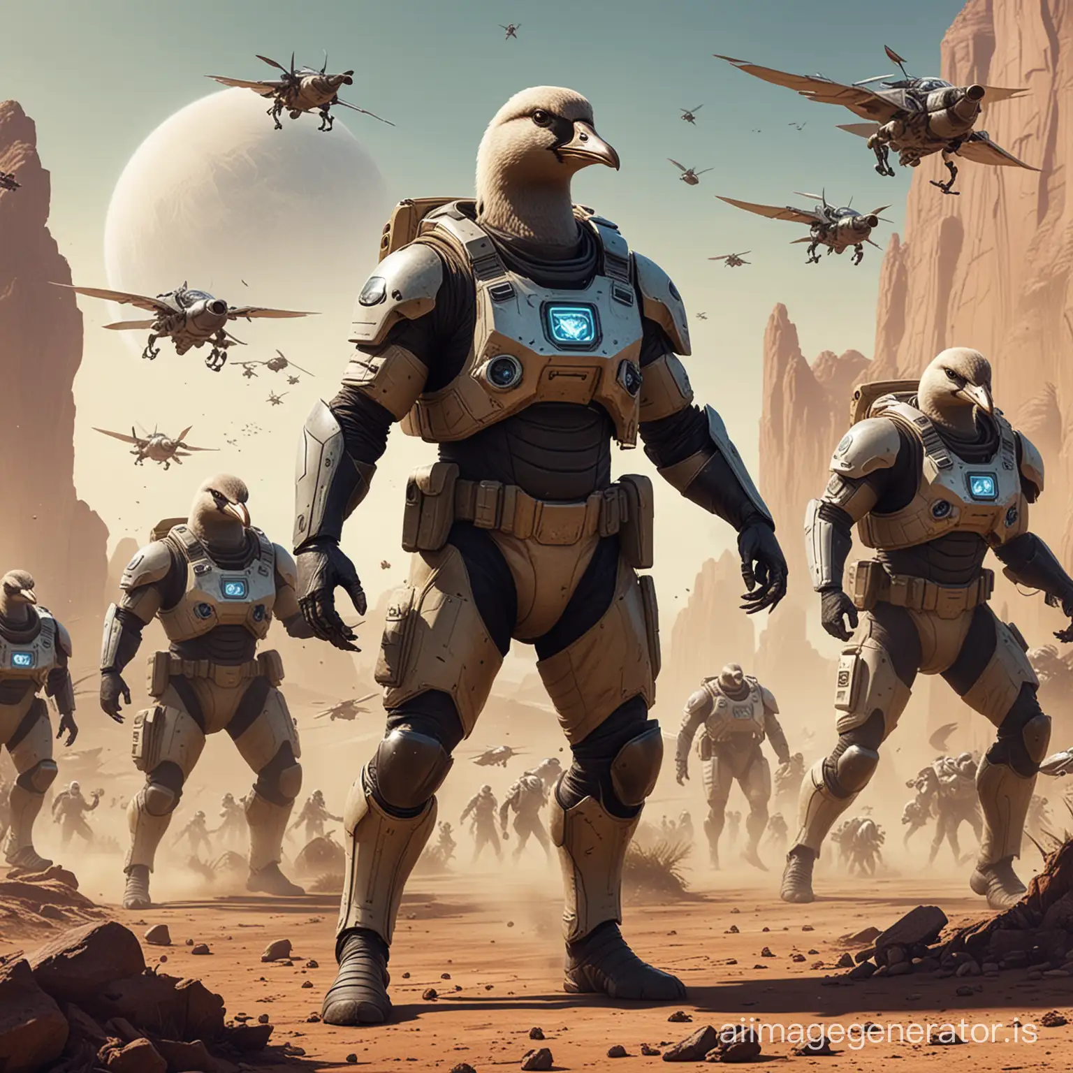 Humanized geese in combat suits fight in the setting of planet conquest, and the war on these planets against beetles.