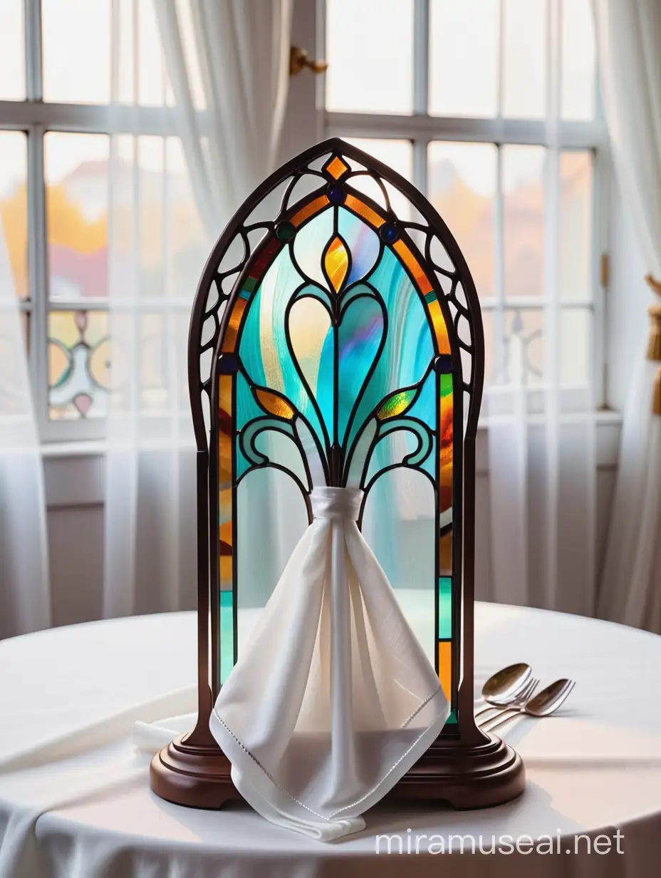 витражная салфетница тиффани стоит на столе на фоне штор из белой органзы в стиле ар нуво