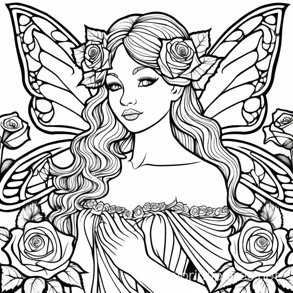 majestic fairy with roses black and white adult coloring page , Coloring Page, black and white, line art, white background, Simplicity, Ample White Space. The background of the coloring page is plain white to make it easy for young children to color within the lines. The outlines of all the subjects are easy to distinguish, making it simple for kids to color without too much difficulty