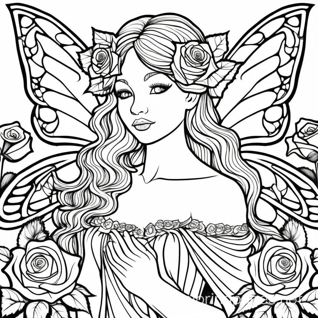 majestic fairy with roses black and white adult coloring page
, Coloring Page, black and white, line art, white background, Simplicity, Ample White Space. The background of the coloring page is plain white to make it easy for young children to color within the lines. The outlines of all the subjects are easy to distinguish, making it simple for kids to color without too much difficulty