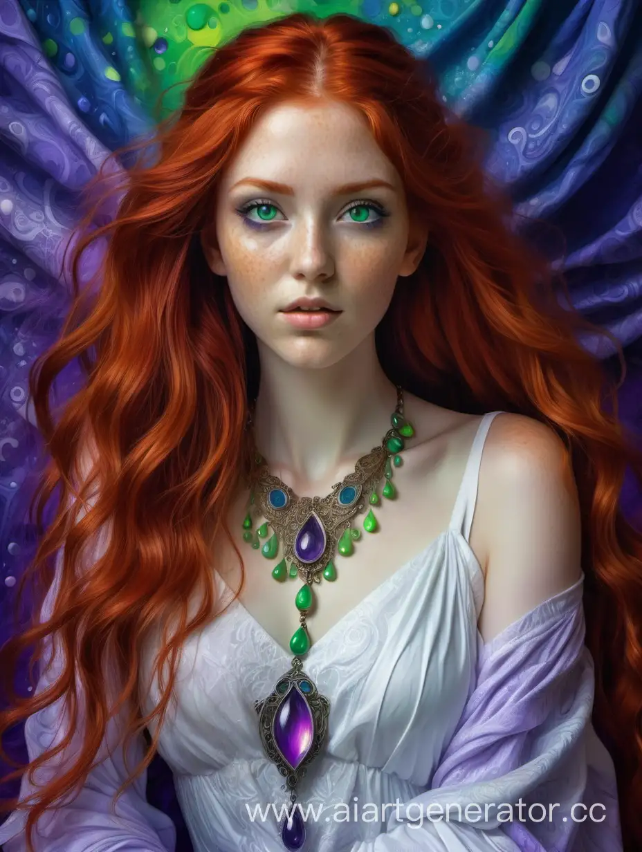 Beautiful girl with red hair, green eyes, fabric texture, blue pendant, white dress, detailed images, purple background, spread drops of paint, in the style of detailed fantasy art, detailed facial features, artgerm, white, purple, green, yellow, orange.
