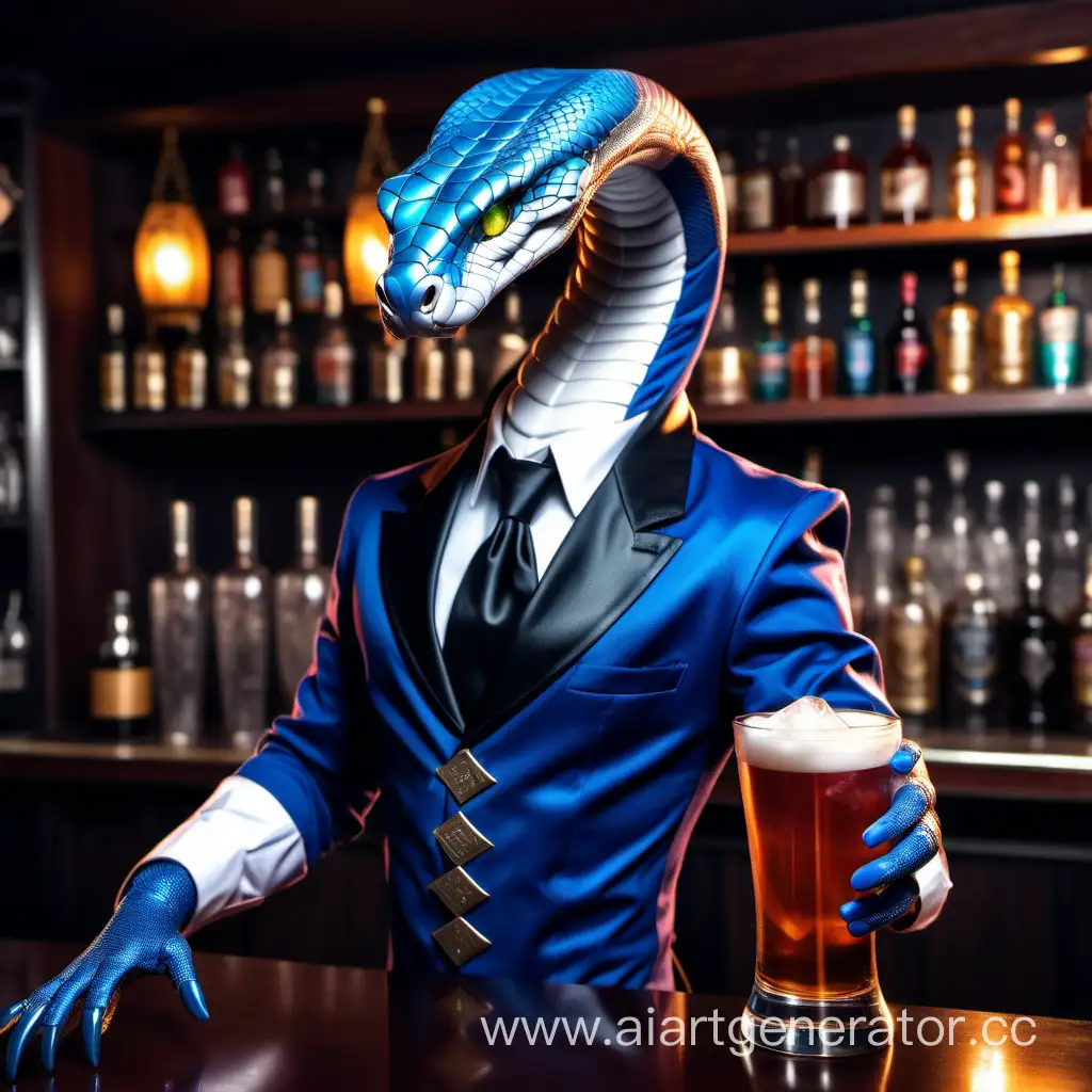 A royal cobra with blue eyes in a bartender costume and fantasy style