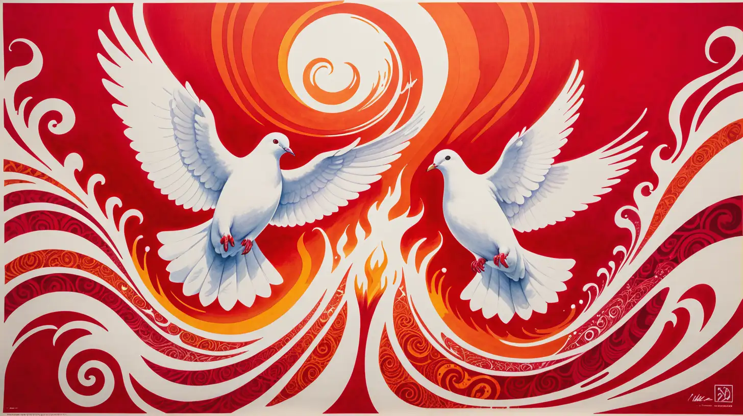 white Dove in front of flames, mostly red background, psychedelic swirls, very detailed, 1969 concert poster, ink drawing, abstract, hippie, rush of a violent wind, "Come Holy Spirit", pentecost, fire, smaller, Blaise Domino, lsd, tamerin, wide margins, centered verticaly
