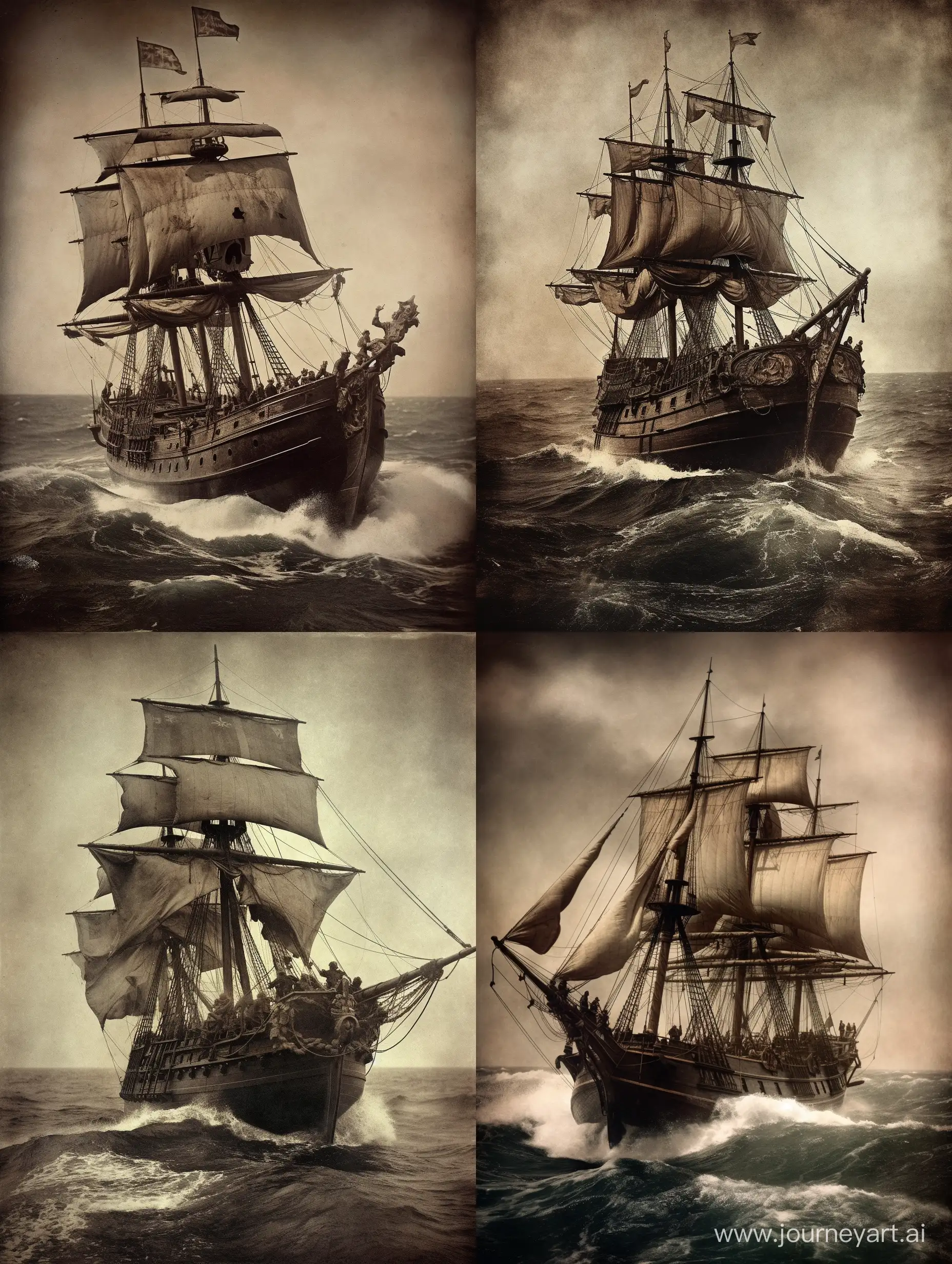 /imagine prompt: An old photograph that captures the terrifying essence of a pirate ship sailing in rough seas in 1912. The ship's dark flags and large skull on one of its sails create an ominous atmosphere, with the color temperature being vintage and sepia-toned. The lighting emphasizes the roughness of the waves and the ship's menacing features. The ship is surrounded by the vast expanse of the ocean, with the occasional seagull flying overhead. The background is slightly blurred, emphasizing the focus on the menacing pirate ship and its crew. The image has a timeless quality, reminiscent of a bygone era of seafaring adventure and danger. --ar 3:4 --s 600 --v 5 --q 2