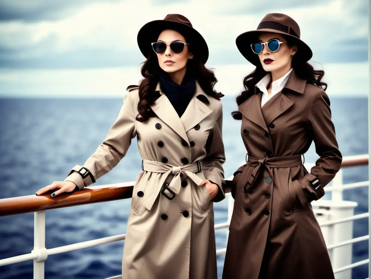 theme : spy story on a luxury ship 
subjects :  two elegant, dark hair ladies aged 30
costume : dark trench coats with belt, dark brown fedora , horned rimmed sunglasses
action : spying on the deck 
background : nordic luxury cruise 