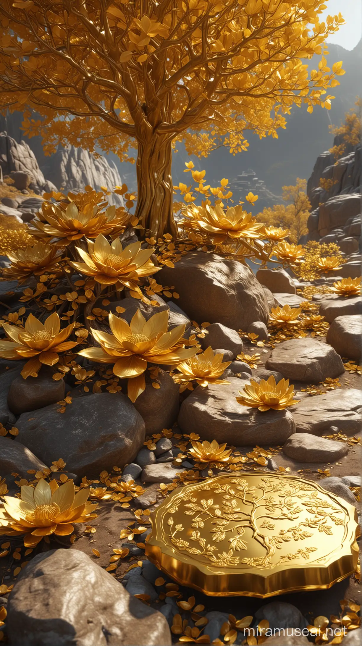 Super advanced CG rendering engine. Imagine that there is a huge golden tree on the Jinshan Mountain. There are many gold ingots on the tree. They are big leaves with rough skills, golden lotus flowers on the ground, super clear details, fantasy, super sensory image quality engine, 8k super clear image quality, 8k