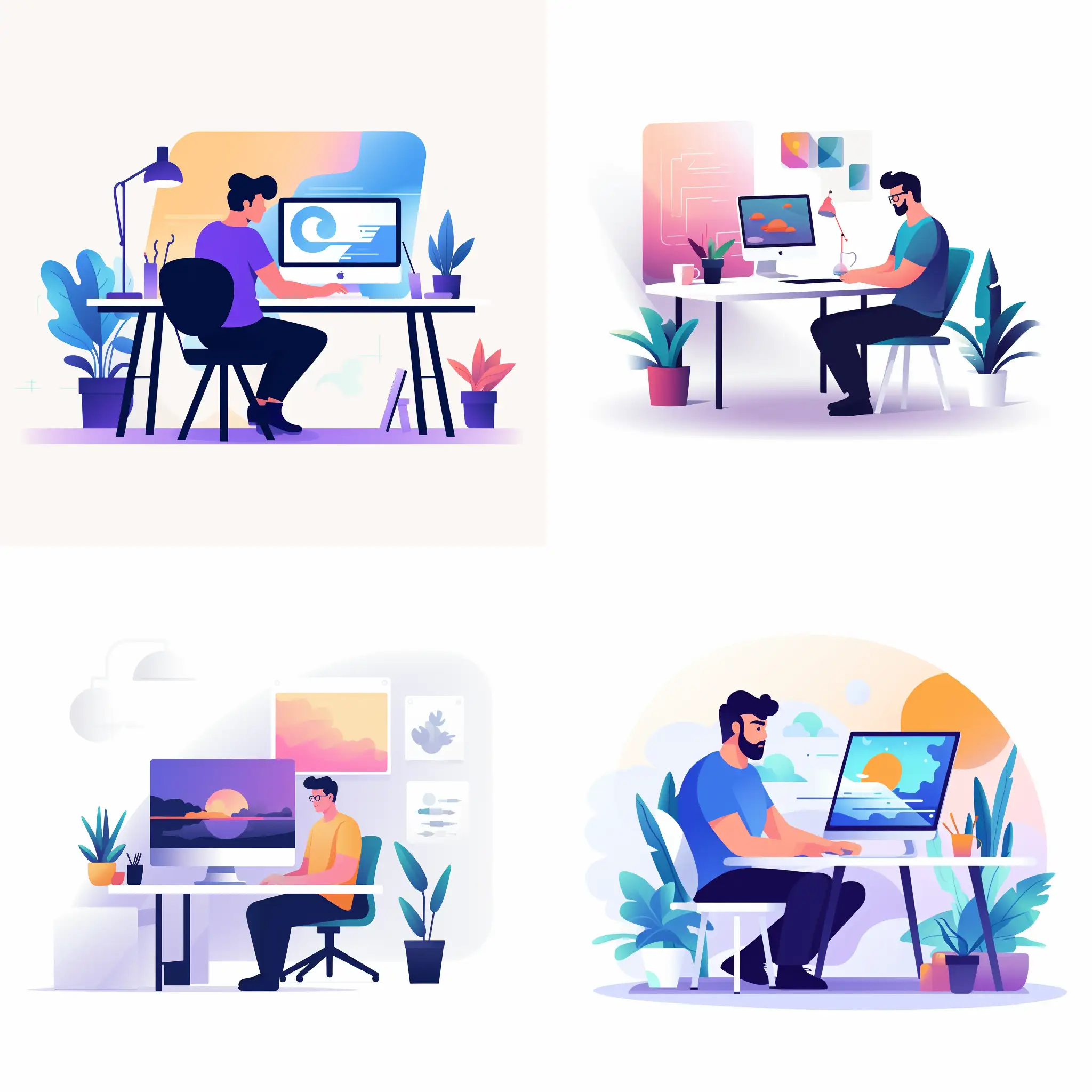 Minimalist UI illustration of a graphic designer designing on a wrokstation ,sitting in a modern design studio,  in a flat illustration style on a white background with bright color scheme, dribbble, flat vector