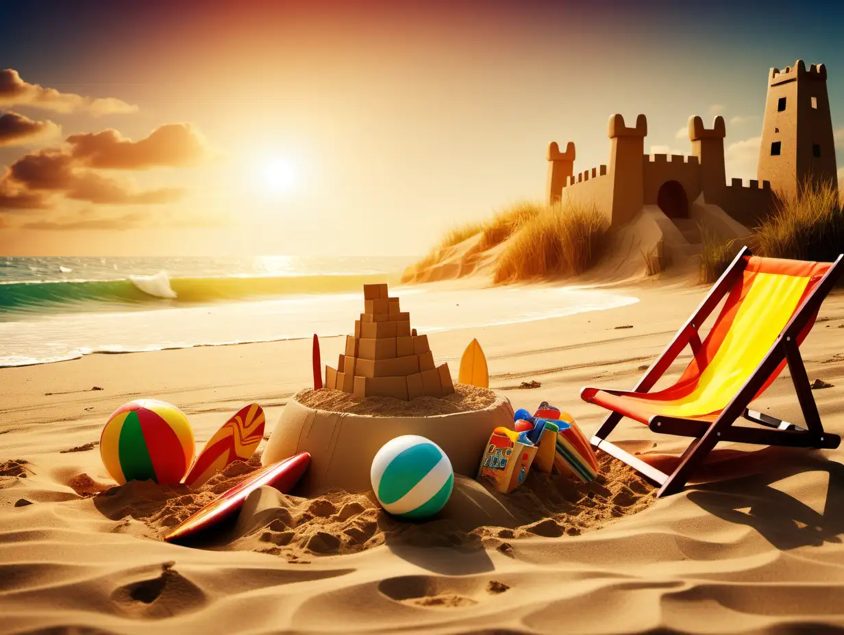 atardecer en la playa, mar arena, reposera, juegos de arena, tablas de surf, pelota inflable, baldes, castillo de arena, sol escondido