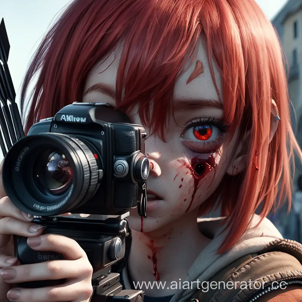 Момент из фильма Перелеска,девочка с рыжими волосами и каре с фотоаппаратом,из объектива торчит стрела которая попала в глаз,лицо все в крови один глаз преоткрыт.