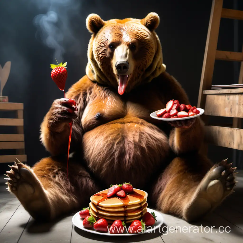 Реальный взрослый добрый Бурый медведь сидит в лапе у него  рожок с клубникой, другая лапа вытянута, на полу лежит стопка блинов политая сиропом