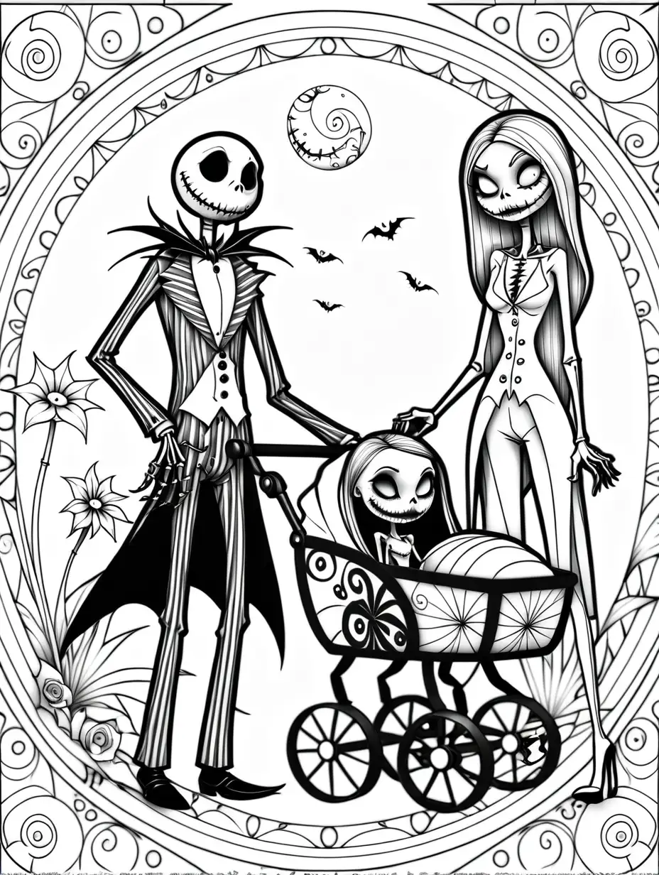adult coloring page, mandala style,thin lines, high detail jack skellington and sally pushing a stroller with a baby girl inside and zero thier dog walking with them