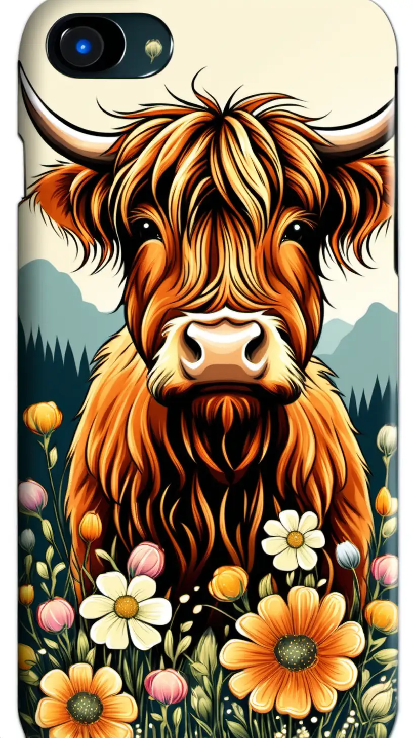 Scottish Highland Cow Cell Phone Cover Design Featuring Floral Patterns