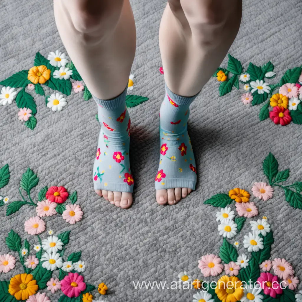 Flowery-Socks-Standing-on-Gray-Carpet